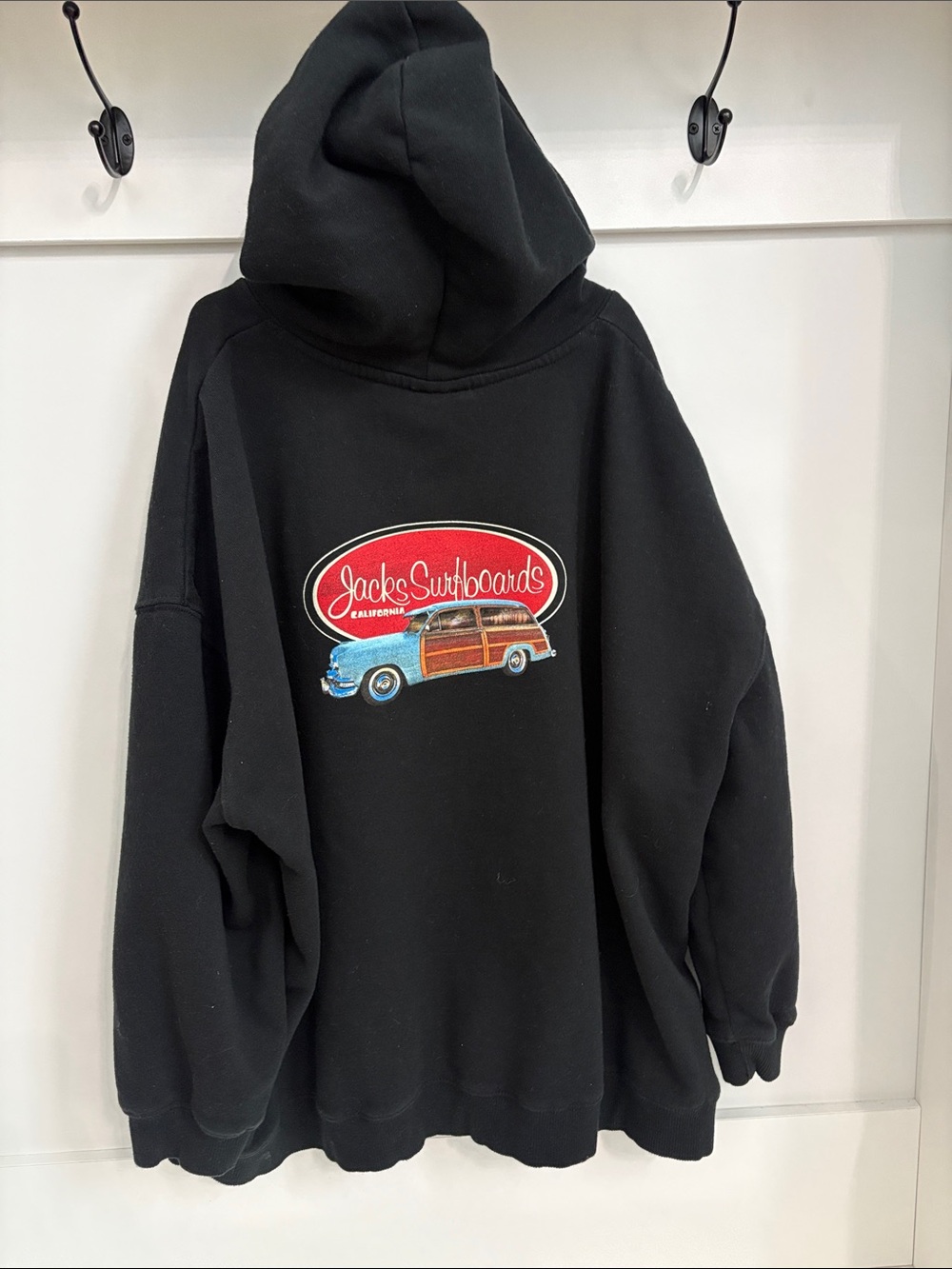 Jack's Surfboards Black Hooded Sweatshirt with Retro Woody Car Graphic